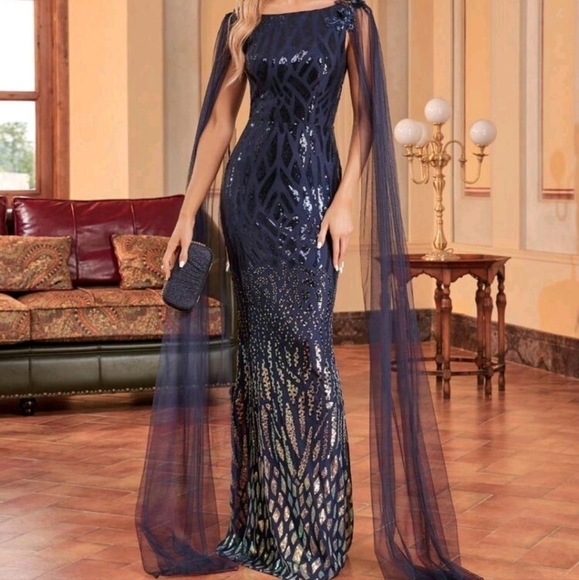 NavyBlue, Boat Neck, Long Cloak,  Sequined/ Mesh Merm… - Picture 8 of 16